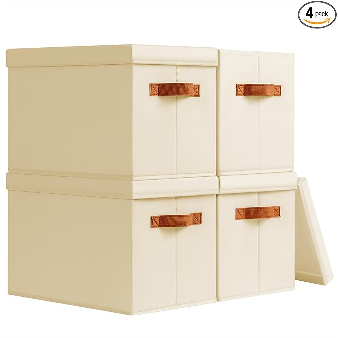 Storage Bins with Lids - Fabric Storage Baskets for Shelves, 4 Pack Foldable Decorative Boxes with Handles, Stackable Organizer Bins for Home, Nursery, Dorm, Beige