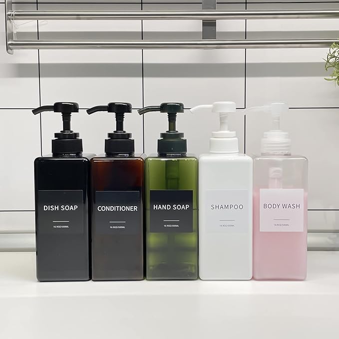 Soap Dispenser with Waterproof Labels, Thickened Plastic Hand Soap Dispenser for Bathroom, Kitchen Dish Washing Liquid Bottles, Shampoo and Conditioner Bottles with Funnel (16oz 4Pack Black Green)