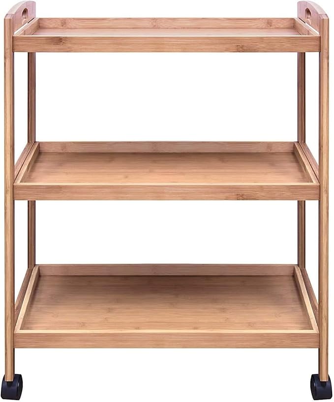 Bamboo Kitchen Storage Rolling Shelf with Wheels, 3 Tier Island Bar Cart, Microwave Oven Serving Organizer for Home, Dining Room, Laundry Room with Lockable Castors