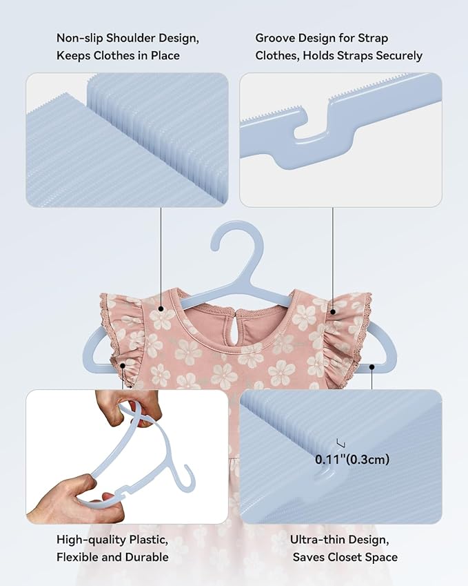 Plastic Kids Hangers, Pack of 60, Ultra Slim Closet Hangers, Non-Slip, Space-Saving, Sturdy, 14" W x 7" H (for Children Aged 7-12 Years), Light Blue, UAPY0760L