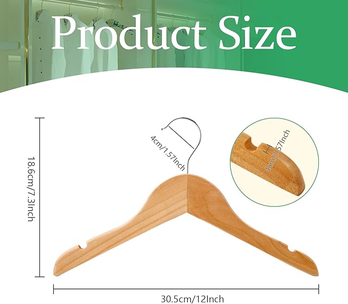 10 Pack Kids Wooden Hangers, Solid Wood Children Hanger with Notches, Baby Clothes Hanger with 360° Swivel Hook, Heavy Duty Toddler Coat Shirt Hanger for Closet, Natural Wood