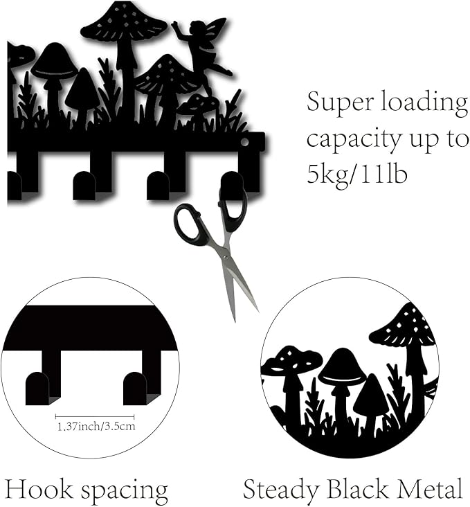 CREATCABIN Wall Decor Key Holder Black Metal Key Rack with 6 Hooks Fairy Mushroom Shaped Design Towel Clothes Hanger Organizer Wall Mounted Art Decor for Entryway Living Room Bathroom 10.6 x 5.1 Inch