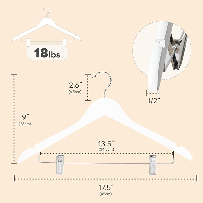 HOUSE DAY Wooden Hangers with Clips 12 Pack, Heavy Duty White Wood Pants Hanger, Premium Skirt Hanger with Adjustable Clips, Solid Clip Hangers for Suit, Blouse, Dress, Coat, Jacket, Bottom