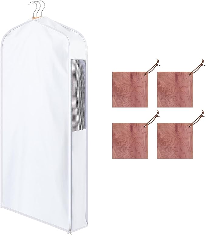 1 Set 40'' x 24'' x 6'' Short Cotton Garment Bags for Hanging Clothes and Storage, 4 Cedar Blocks for Fresh Smell and Moth Protection, Breathable Covers for Closet Suits Fur Coats Sweaters
