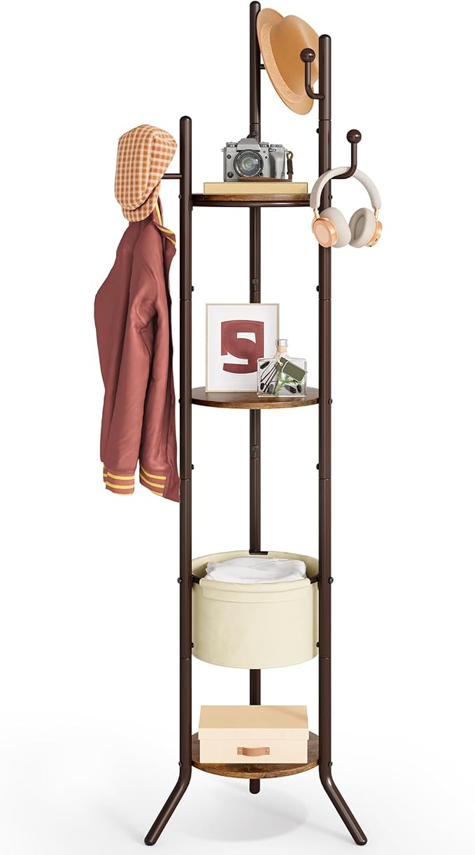 Hoctieon Coat Rack Freestanding, Round Coat Rack with 3 Wooden Shelves and 1 Fabric Basket, Metal Clothes Tree with 5 Hooks, Coat Hanger Stand for Clothes, Hats, Bags, Rustic Brown