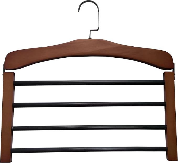 Wooden Pant Hanger Space Saving - 4 Tier Closet Storage Hanger Organizer for Jeans Legging Scarves Pants Towels, 1 Packs, Brown