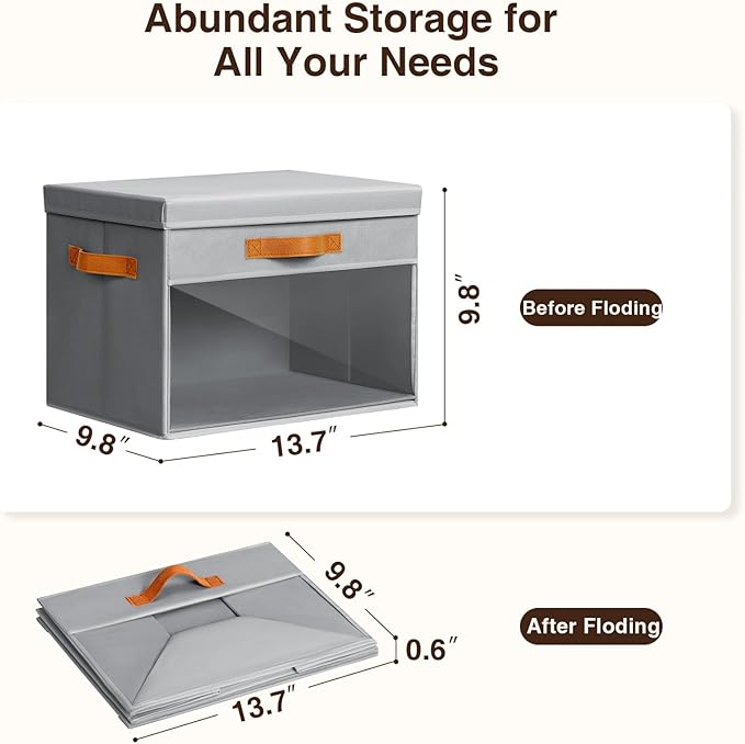 Large Storage Bins with Lids - 3 Pack Foldable Decorative Organizers with Clear Windows & Handles, Cube Storage Organizers for Clothes, Blankets, Sweaters, Sheets, Grey