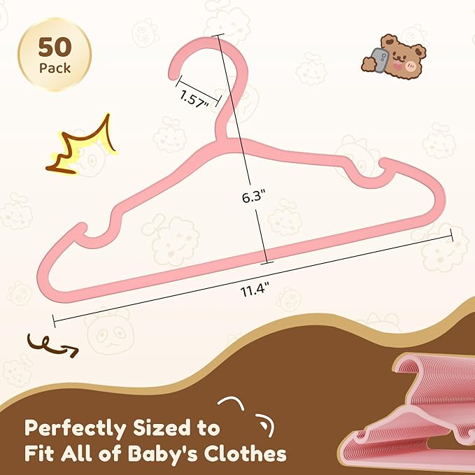Plastic Kids Hangers - 50 Pack Non-Slip Baby Clothes Hangers for Closet, Toddler & Newborn Clothing Pants, Skirts, Coats (Pink)