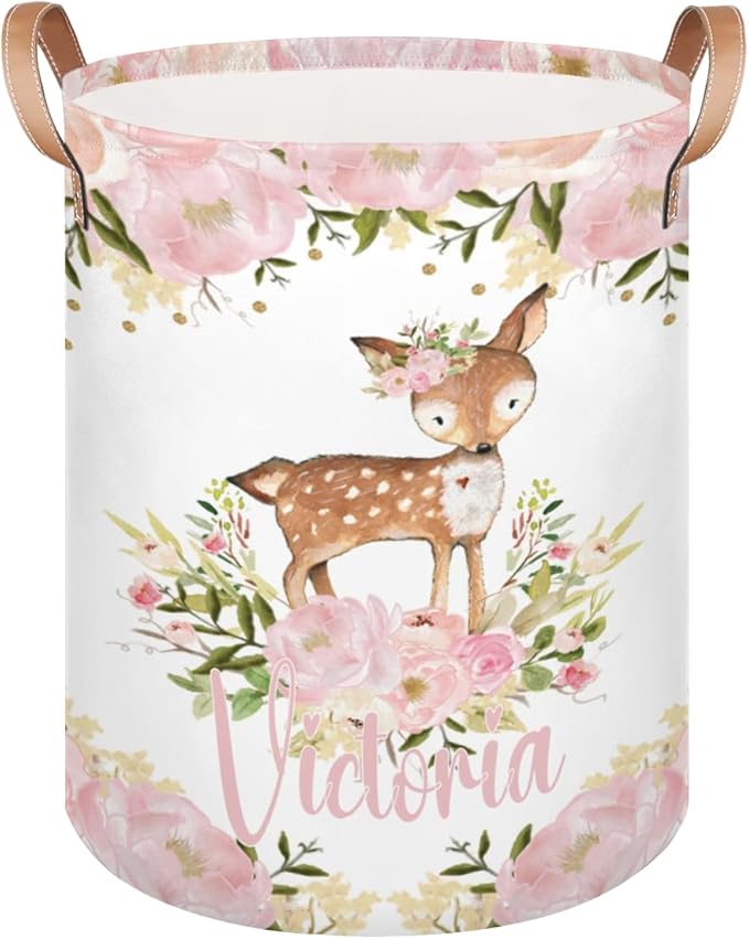 Personalized Laundry Basket, Custom Gift Laundry Hamper, Collapsible Nursery Waterproof Laundry Baskets, Dirty Clothes Toy Hamper with Handles Pretty Deer Woodland Forest