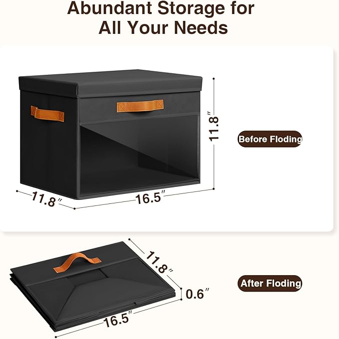 Large Storage Bins with Lids - 4 Pack Foldable Decorative Organizers with Clear Windows & Handles, Cube Storage Organizers for Clothes, Blankets, Sweaters, Sheets, Black