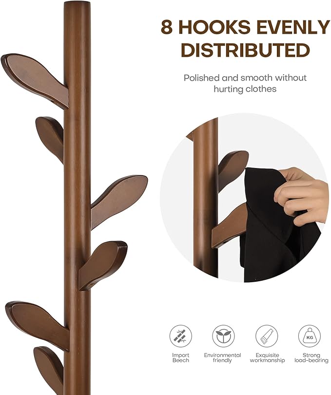 Wood Coat Rack Freestanding Coat Tree Rack with 8 Leaf Hooks, 3-Size Height Adjustable for Adults and Younger, Clothes Hanger Stand for Jacket, Hat, Entryway, Hallway, Corner, Bedroom (Vintage Brown)