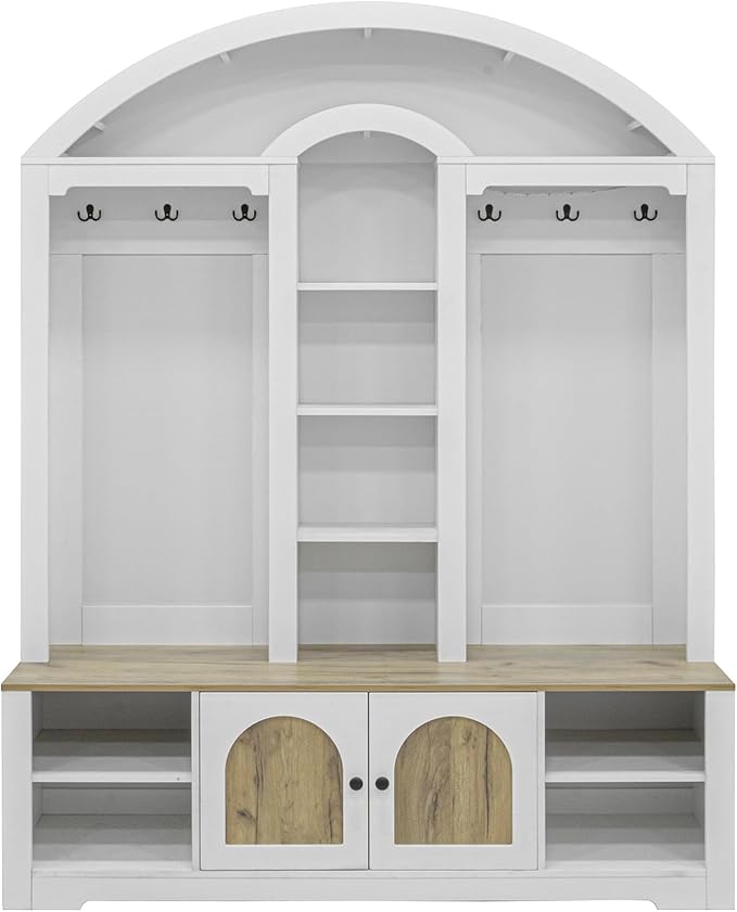 77''H Hall Tree with Curved Design, Multi-functional Coat Rack with Shoe Racks, Clothes Hangers, Hooks, Double-Layer Storage Cabinets and Open Storage Space for Hallway, Living Room (White+Walnut)