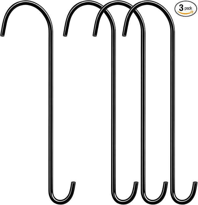 3 Pack 18 Inch S Hooks for Hanging Plants, Heavy Duty Metal Extension Hangers for Bird Feeders Wind Chimes Flower Baskets Black Vinyl Coated Rustproof Garden Hooks