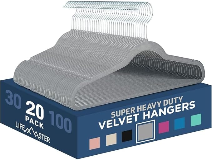 Lifemaster Velvet Non-Slip Hangers - 50 Pieces Non-Slip Coat Hanger Set with 360° Swivel Hook, Space-Saving, Sleek Design, Keep Closet Organized, Smooth Velvet Finish, Lightweight Construction - Gray