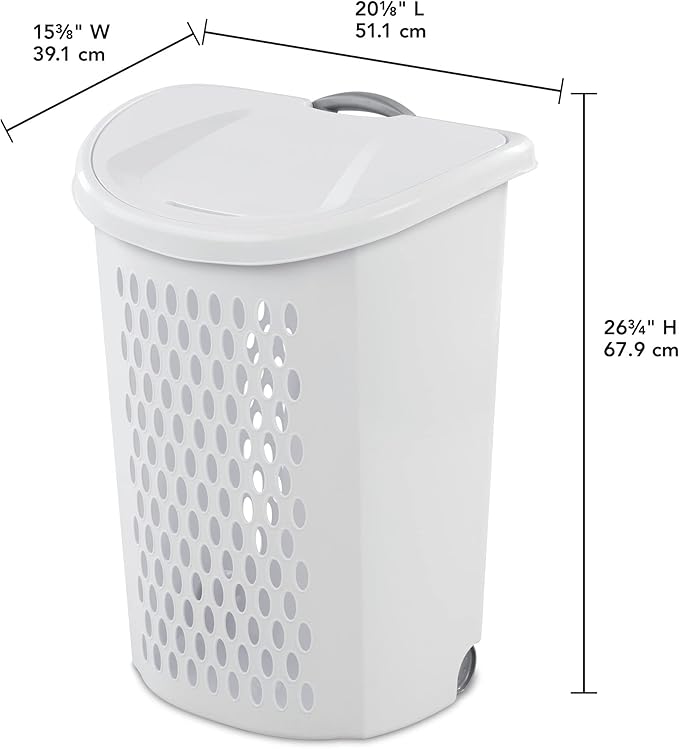 Ultra Wheeled Design Clothes Laundry Basket, Mind Reader Basket Collection，135 Liter （20 1/8" x 15 3/8" x 26 3/4"）Capacity, Laundry Hamper White Lid & Base w/Plastic Handle & Wheels