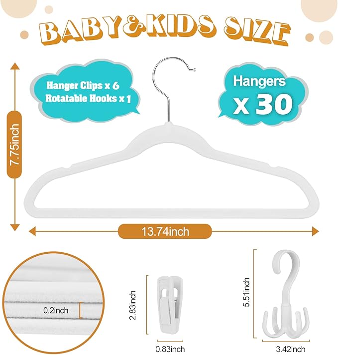 Tinfol Kids Velvet Hangers 30Pack, 14inch White Non-Slip Childrens Felt Hangers - Small Space Saving Clothes Hanger with 6pc Velvet Clips for Toddler' Clothes