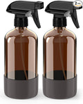 Glass Spray Bottle with Silicone Sleeve Protection, Amber Glass Spray Bottle Set for Window Cleaner Aromatherapy Facial Hydration Watering Flowers Hair Care 2 Pack/16 oz (Grey, 16 oz)