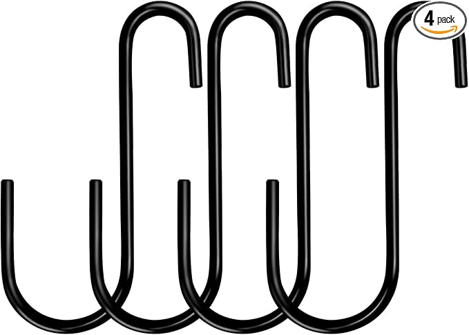 HiGift 6 Inches Large S Hooks Heavy Duty, Black S Shaped Fence Hanger Hooks for Hanging Plants,Wind Chimes,Gardening Tools,Lights,Pool Equipment,Bird Feeder,Bird House,Indoor Outdoor Use - 4 Pack