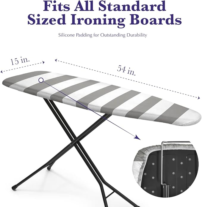 Epica Ironing Board Cover and Pad - Standard Size 15x54 Padded Ironing Board Covers, Heat Reflective Coating, Thick Pads, Scorch & Stain Resistant Iron Board Cover with Padding Grey & White Stripe