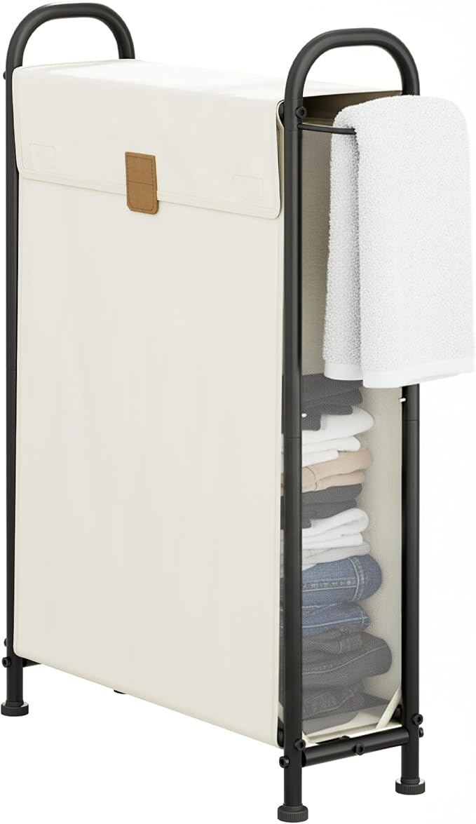 StorageWorks Slim Laundry Hamper with Flip Lid, Narrow Laundry Basket with Hooks, Breathable Mesh Clothes Organizer for Closet, Laundry Room, Bathroom, Beige