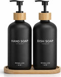 Hand and Dish Soap Dispenser Set,16oz Glass Bottles with Printed Labels, Bamboo Tray & Pump,Countertop Soap Dispensers for Kitchen,Luxury, Minimalist & Farmhouse Decor (Hand Dish (Black))