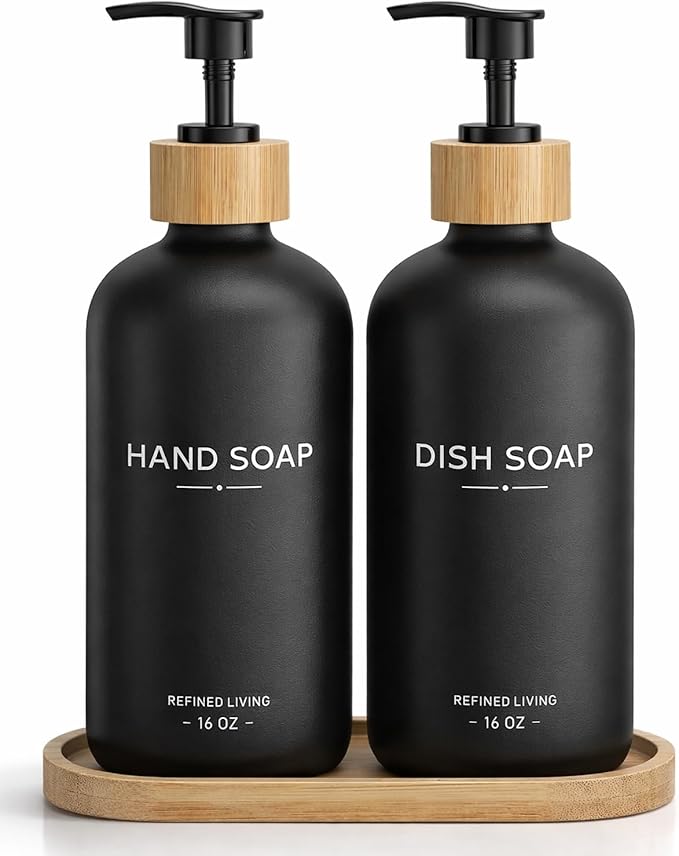 Hand and Dish Soap Dispenser Set,16oz Glass Bottles with Printed Labels, Bamboo Tray & Pump,Countertop Soap Dispensers for Kitchen,Luxury, Minimalist & Farmhouse Decor (Hand Dish (Black))