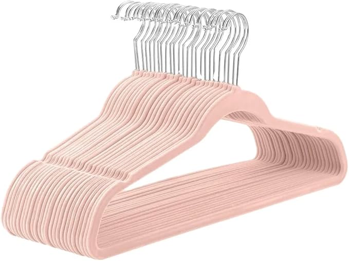 Premium Velvet Clothes Hangers, Heavy Duty Study Black Hangers for Coats, Suit & Dress - Non Slip Clothes Hanger Set (100, Pink/Silver)