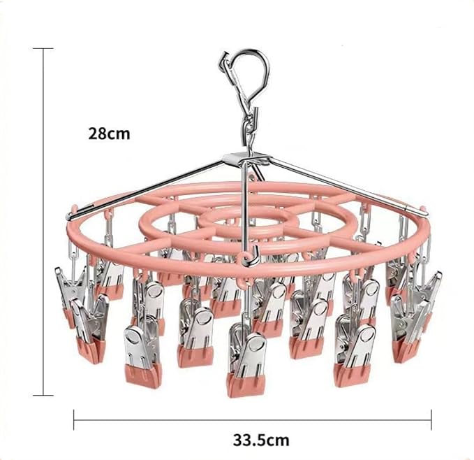 Drying Rack for Sock, Stainless Steel Sock Drying Rack with 24 Clips, Swivel Hook Windproof Hanger for Sock, Bras, Towel, Underwear, Laundry, Hat, Scarf, Pants, Gloves(Pink)