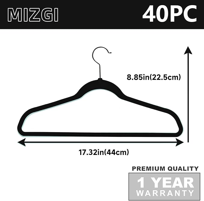 MIZGI All Black Velvet Hangers 40Pack,Premium Flocked Clothes Hangers,Non-Slip Felt & Sturdy Heavy Duty Coat & Suit Hangers for Space Saving, No Hanger Marks