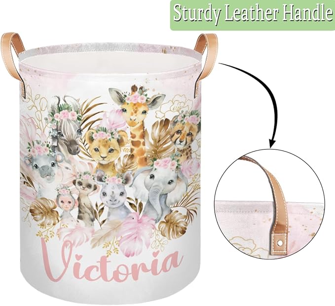 Personalized Laundry Basket, Custom Gift Laundry Hamper, Collapsible Nursery Waterproof Laundry Baskets, Dirty Clothes Toy Hamper with Handles Gold Boho Safari Animals