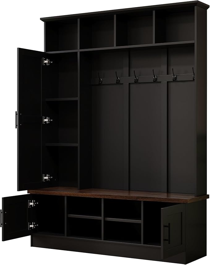 Versatile 3-in-1 Hall Tree, 55" W Modern Entryway Coat Rack with Multiple Storage Space, 6 Hooks, Farmhouse Walnut Storage Bench with Adjustable Shelves for Mudroom, Living Room