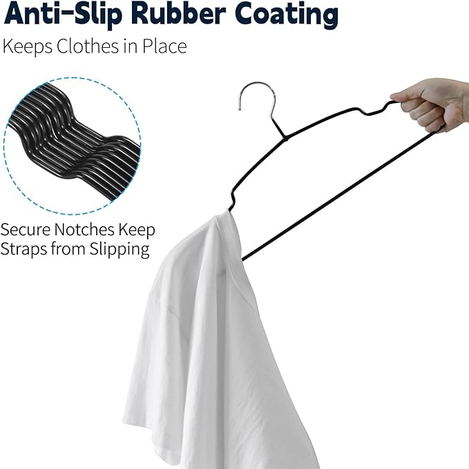 20 Pack Rubber Coated Metal Clothes Hangers, 16-Inch Non-Slip Slim Coat Suit Hangers, Space Saving Metal Hangers with Notches for Dress, Camisole, Shirts