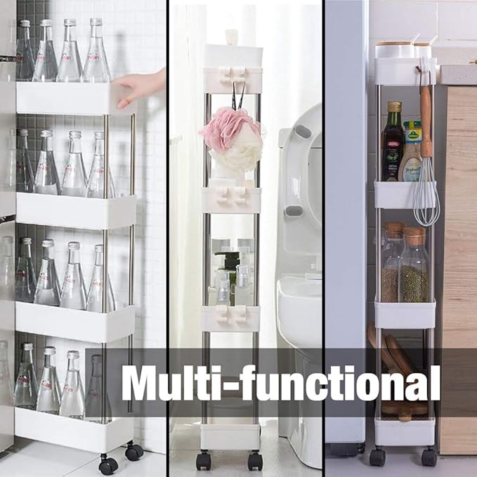 Modern Home 4-Tier Rolling Storage Cart with Bins – Slim Organizer for Bathroom, Kitchen, Laundry & Pantry – Mobile Utility Shelves with Wheels