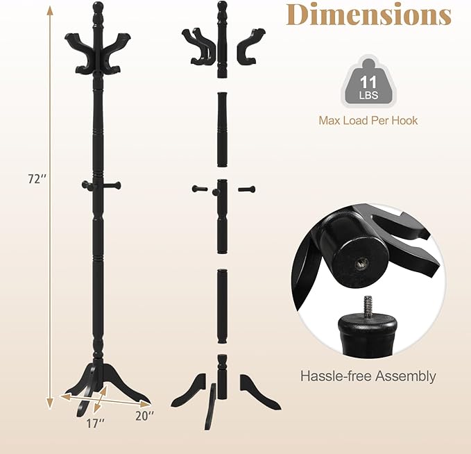 Tangkula Coat Rack Freestanding, Solid Rubber Wood Coat Tree with 11 Hooks and 3 Height Options for Coats, Hats, Bags, Purses, Clothes, Hanger Stand for Entryway Hallway Bedroom Office (Black)