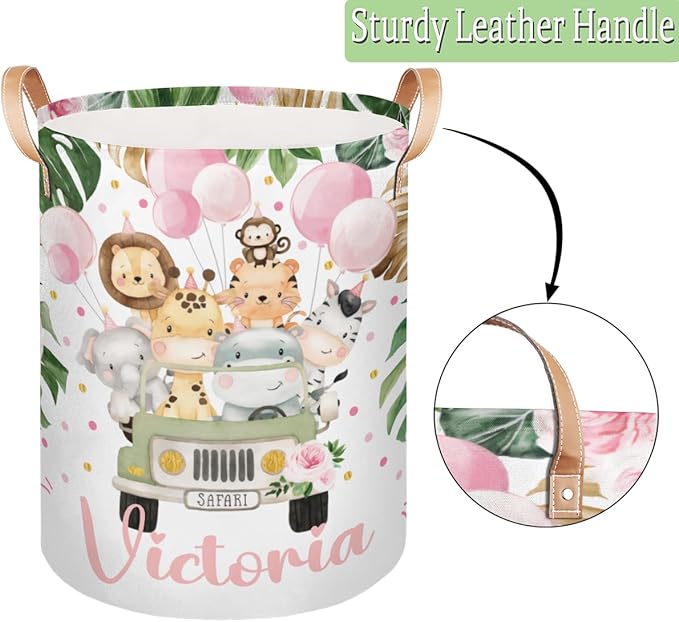 Personalized Laundry Basket, Custom Gift Laundry Hamper, Collapsible Nursery Waterproof Laundry Baskets, Dirty Clothes Toy Hamper with Handles Jungle Safari Animals