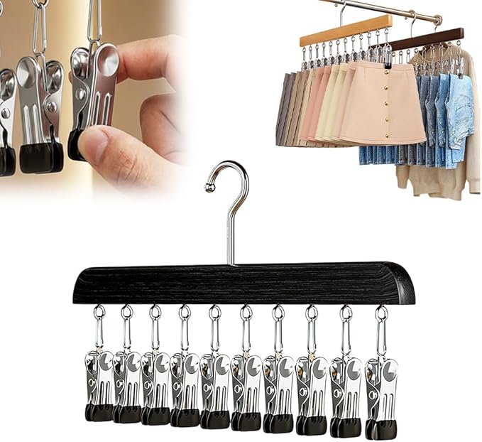 Closet Organizer with 10 Clips, Legging Organizer for Closet, Leggings, Jeans, Hats, Shorts, Socks, 360° Rotating Space Saving Hanging Clothes (Black 10 Clips, 1Pcs)