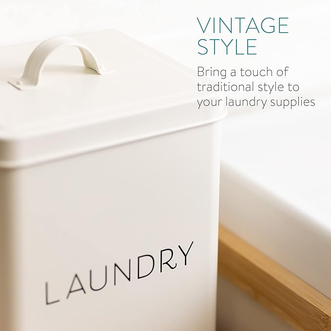 Navaris Laundry Detergent Container with Scoop - Powder Laundry Soap Tin - Vintage Style Metal Organizer Canister Box with Lid and Handles - White