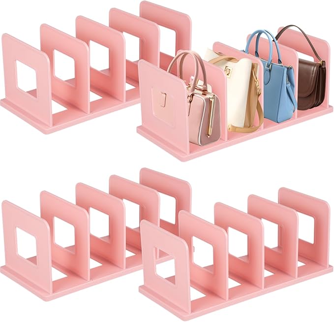 4PCS Purse Organizers, 13.7 x 5.9 x 5.5-Inches,Adjustable Closet Organizer, Handbag Shelf Divider Storage Organizer for 8 Big Handbags/16 Small Handbags（Pink）