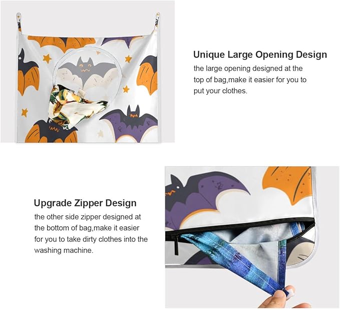 White Halloween Bats and Stars Hanging Laundry Hamper Door Hampers Bag Basket with Stainless Steel Hooks Oxford Fabric Printing Decorative Clothes Bags 29.5X20inch 1Pack