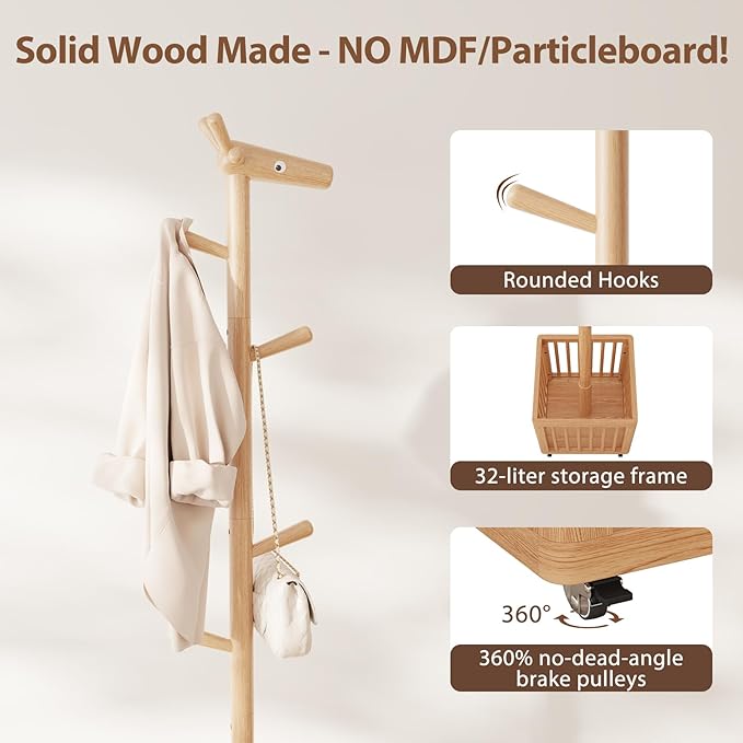 AQIMUELE Kids Coat Rack,Solid Wood Coat Rack with 6 Hook for Bedrooms,Kids clothing rack(Natural)