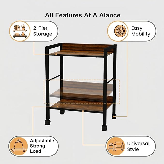 2-Tier Rolling Utility Cart with Rustic Black Shelves and Black Metal Frame, Industrial Mobile Storage Trolley on Wheels for Kitchen, Office, Bathroom, Living Room