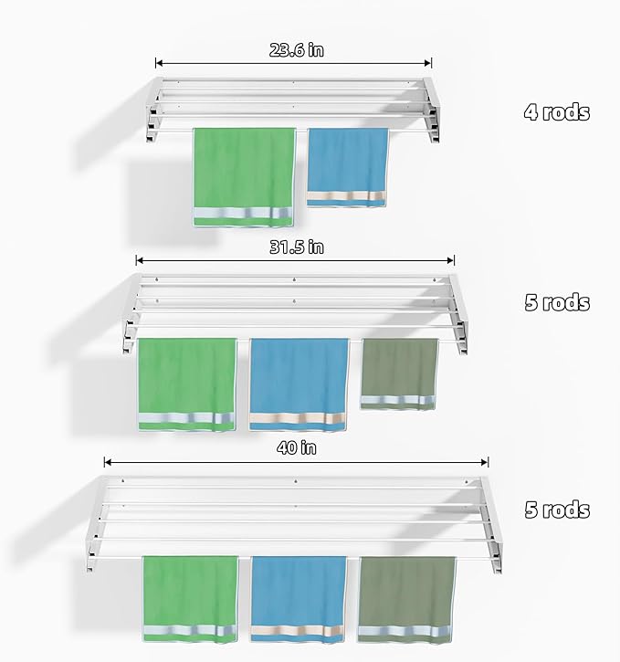 Laundry Drying Rack Collapsible, Wall Mounted, Clothes Drying Rack, 31.5" Wide, 5 Aluminum Rods, 60 lb Capacity, Laundry Racks for Drying Clothes with Wall Template(White 31.5")