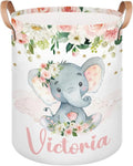 Personalized Laundry Basket, Custom Gift Laundry Hamper, Collapsible Nursery Waterproof Laundry Baskets, Dirty Clothes Toy Hamper with Handles Blush Floral Elephant Girl