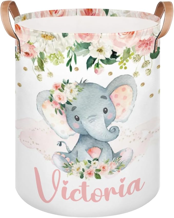 Personalized Laundry Basket, Custom Gift Laundry Hamper, Collapsible Nursery Waterproof Laundry Baskets, Dirty Clothes Toy Hamper with Handles Blush Floral Elephant Girl