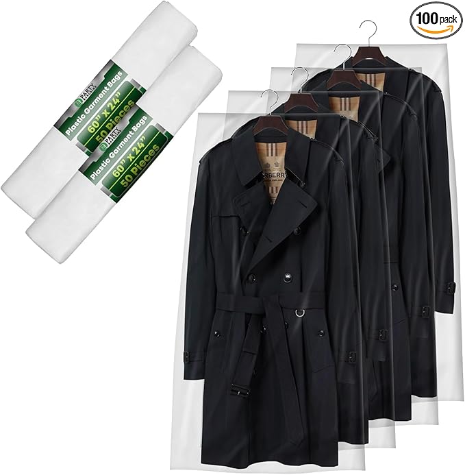 PARTY BARGAINS 60 x 24 Inch Disposable Clear Garment Bags, 100 Pack – Heavy-Duty Plastic Clothes Covers for Suits Dresses Coats, Closet & Travel