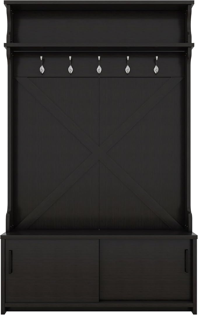 Modern 47'' Wide Hall Tree with Top Shelf and Storage Bench, Hallway Shoe Cabinet with Sliding Doors, Coat Rack with 5 Hanging Hooks for Entryways Hallways (Black-8.18)