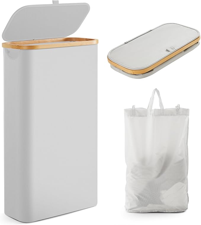 Fiona's magic Slim Laundry Hamper with Lid, 63L Narrow Laundry Basket with Removable Bag, Grey Collapsible Dirty Clothes Basket, Thin Tall Storage Basket for Bathroom, Bedroom