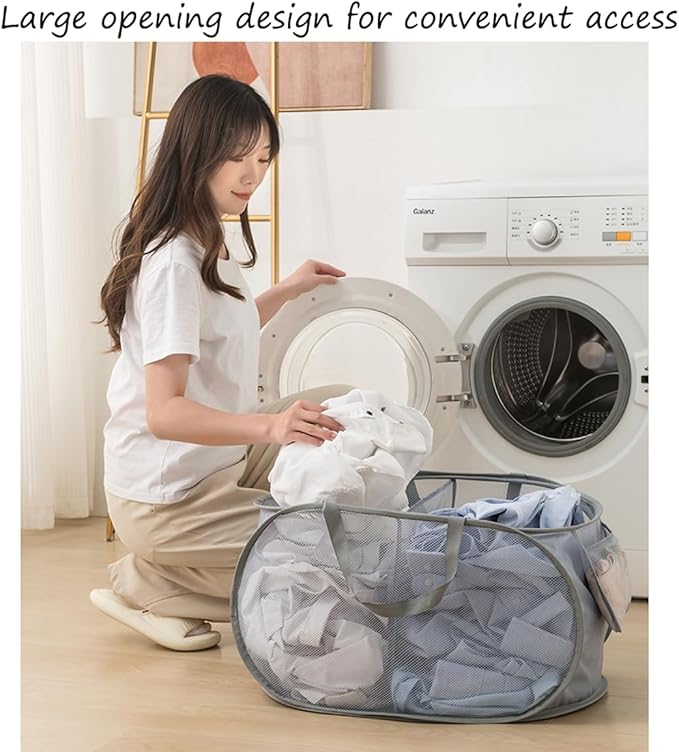 Mesh Laundry Hamper Basket, Sturdy 3 Compartments Laundry Basket, Foldable Pop up Laundry Hamper with Side Pocket for Laundry Room, Bathroom, Kids Room, College Dorm or Travel, Green