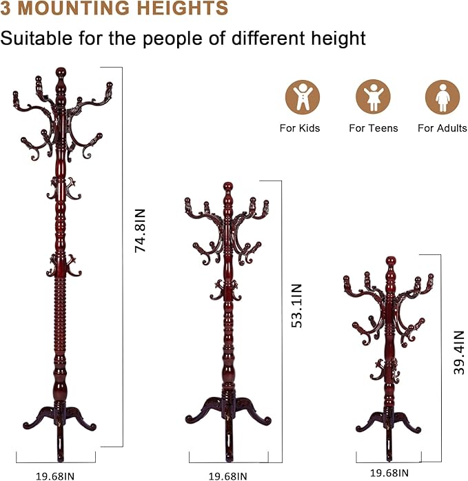 Solid Wood Coat Rack, Free Standing Hall Coat Tree with 14 Hooks, 3 Height Options, 300lbs Load, Stury Base, Clothes Rack for Entryway, Hallway, Bedroom (Tri-legged Base - Rosewood)