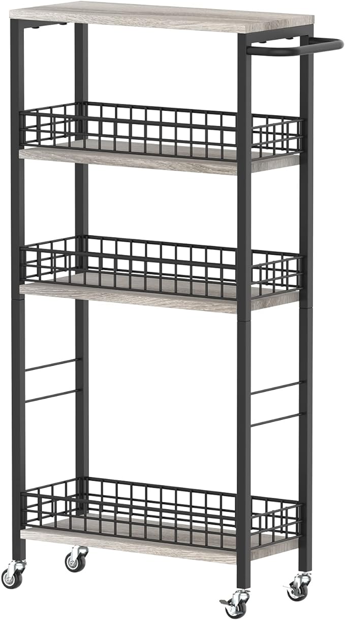 4 Tier Slim Storage Cart Narrow Laundry Cart on Wheels Utility Kitchen Rolling Cart with Wood Tabletop Mobile Shelving Unit Bathroom Storage Organizer Slide Out Rolling Tower for Narrow Spaces